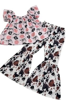 Cow print flare pants girls pants set size 7/8 NWT